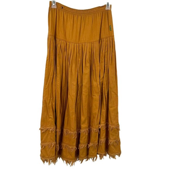 VTG Gene Ewing BIS Maxi SKIRT Sz S Pleated Tiered Fringe Gold Mustard Yellow - Picture 1 of 10